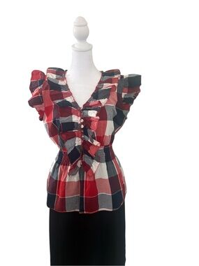 Red Plaid Ruffle-Trim Button Front Blouse